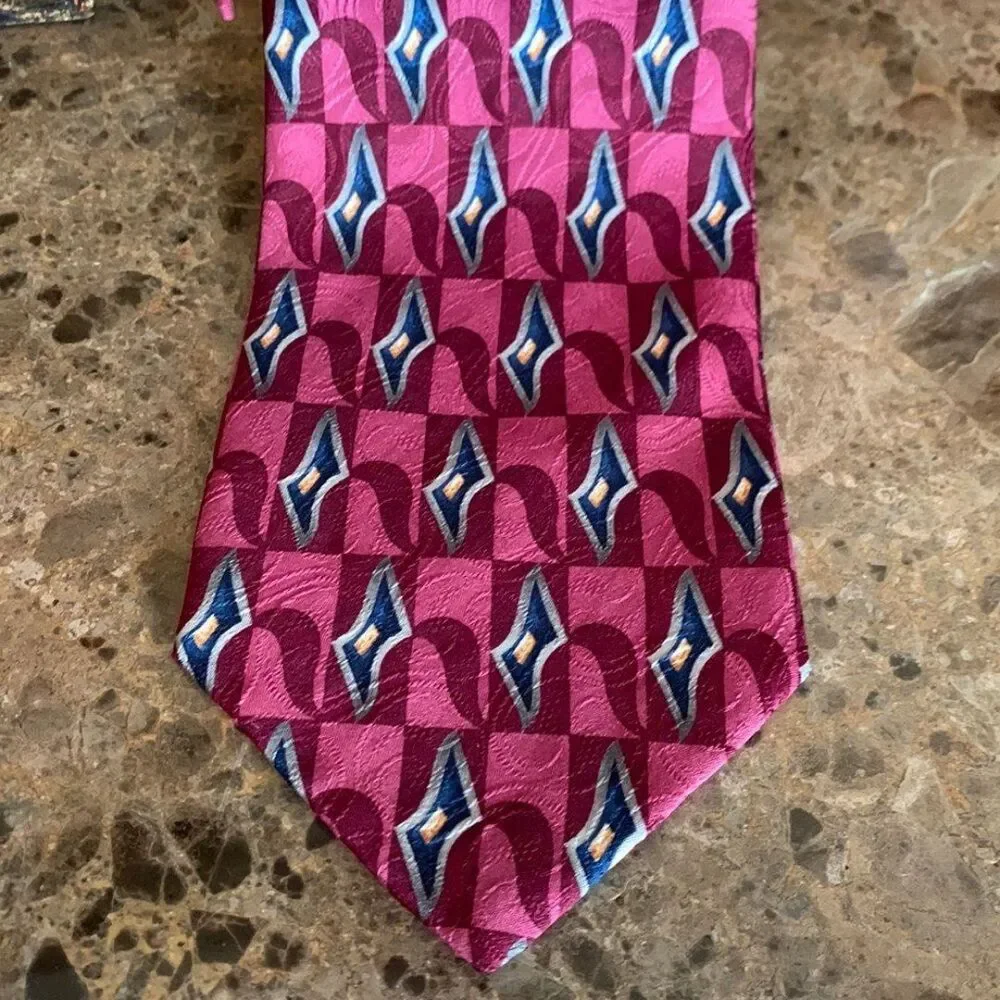 Ferrell Reed 100% Silk Tie Handmade Tie Pink, Maroon, Silver, Blue & Gold